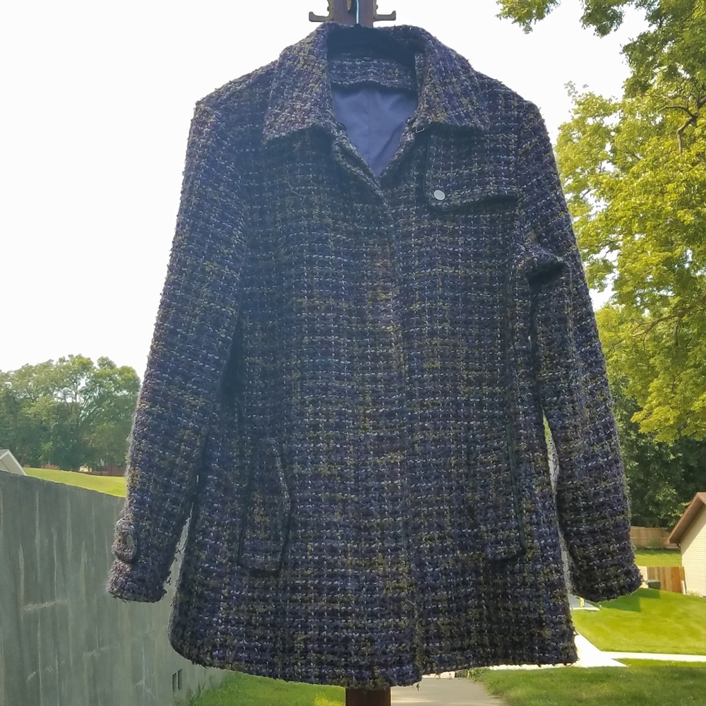 Vintage wool boucle purple plaid pea coat jacket